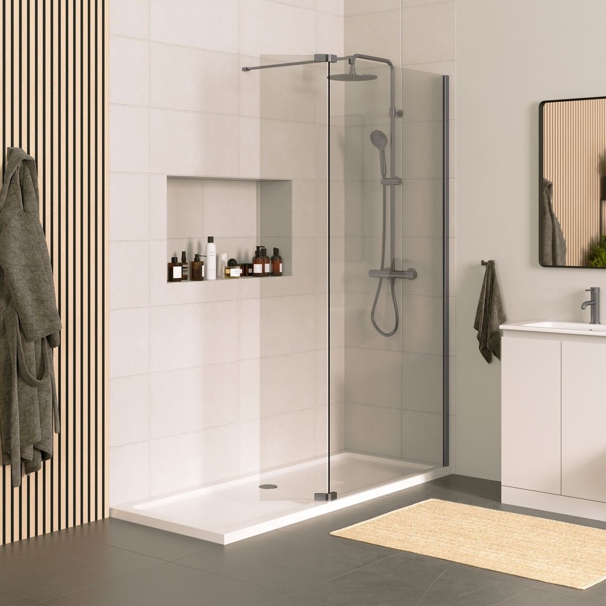 Sapphire 8mm Clear Glass Wet Room Foldaway Deflector Panel Gunmetal 300mm RH