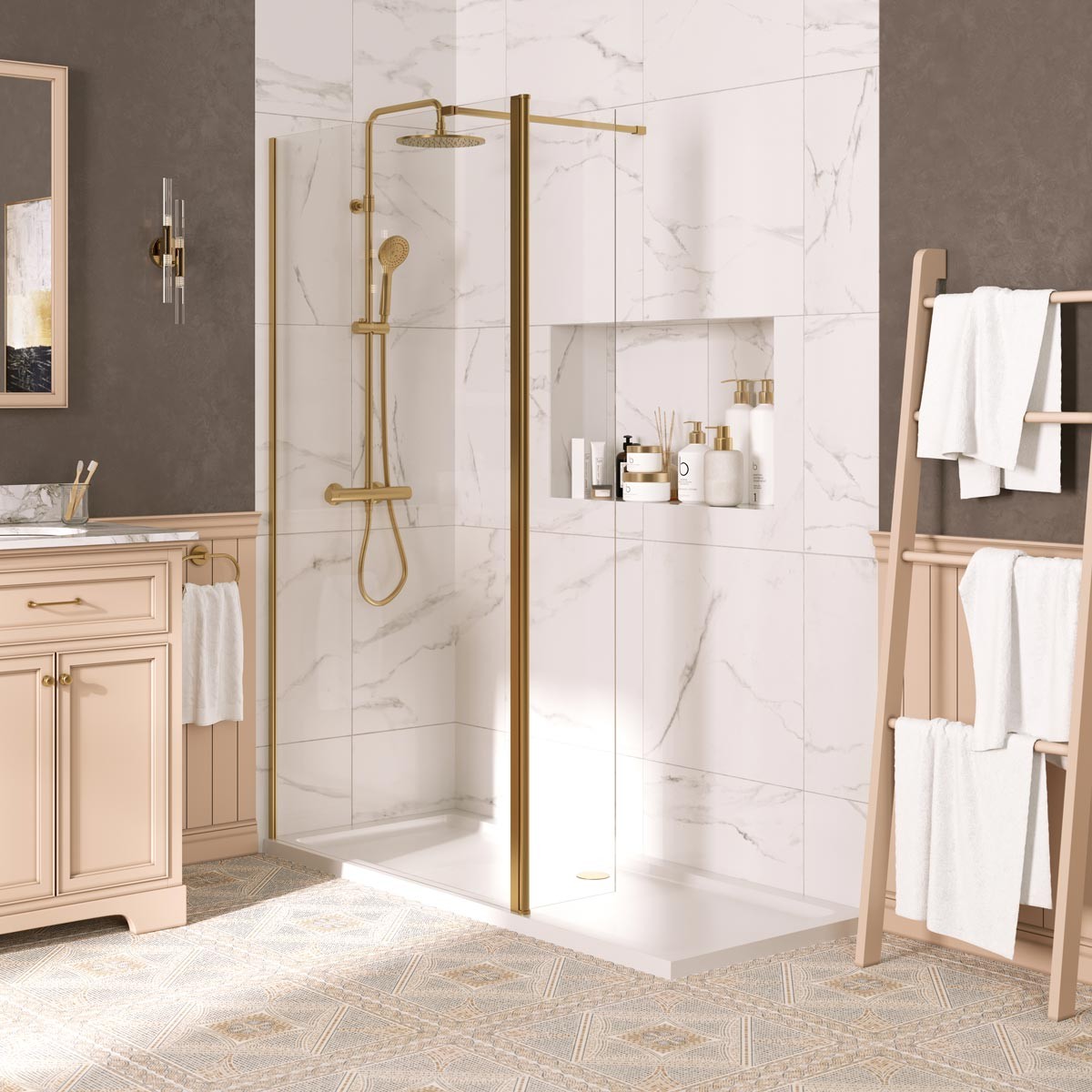 Sapphire 8mm Clear Glass Wet Room Hinged Deflector Panel Brushed Brass 300mm