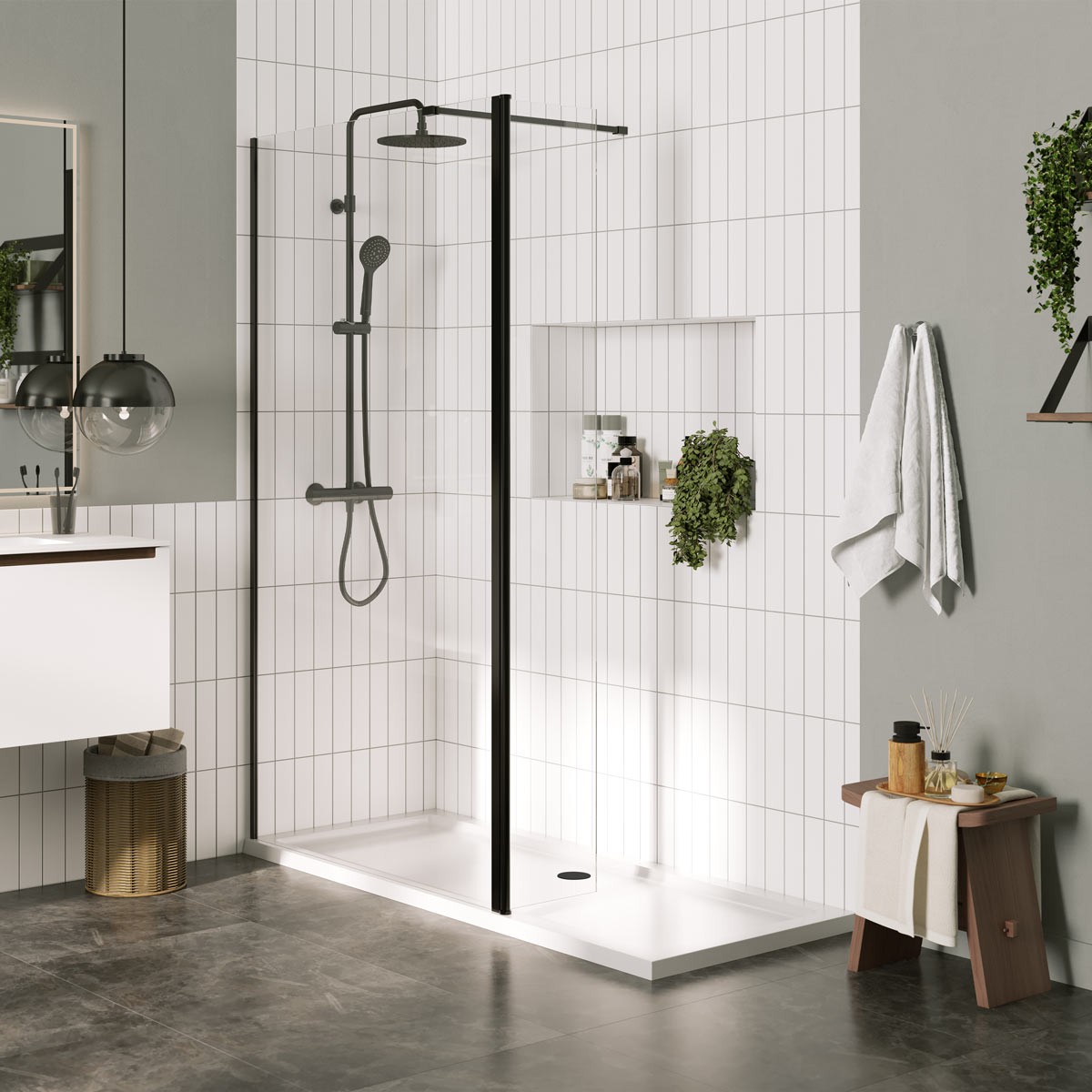 Sapphire 8mm Clear Glass Wet Room Hinged Deflector Panel Matt Black 300mm