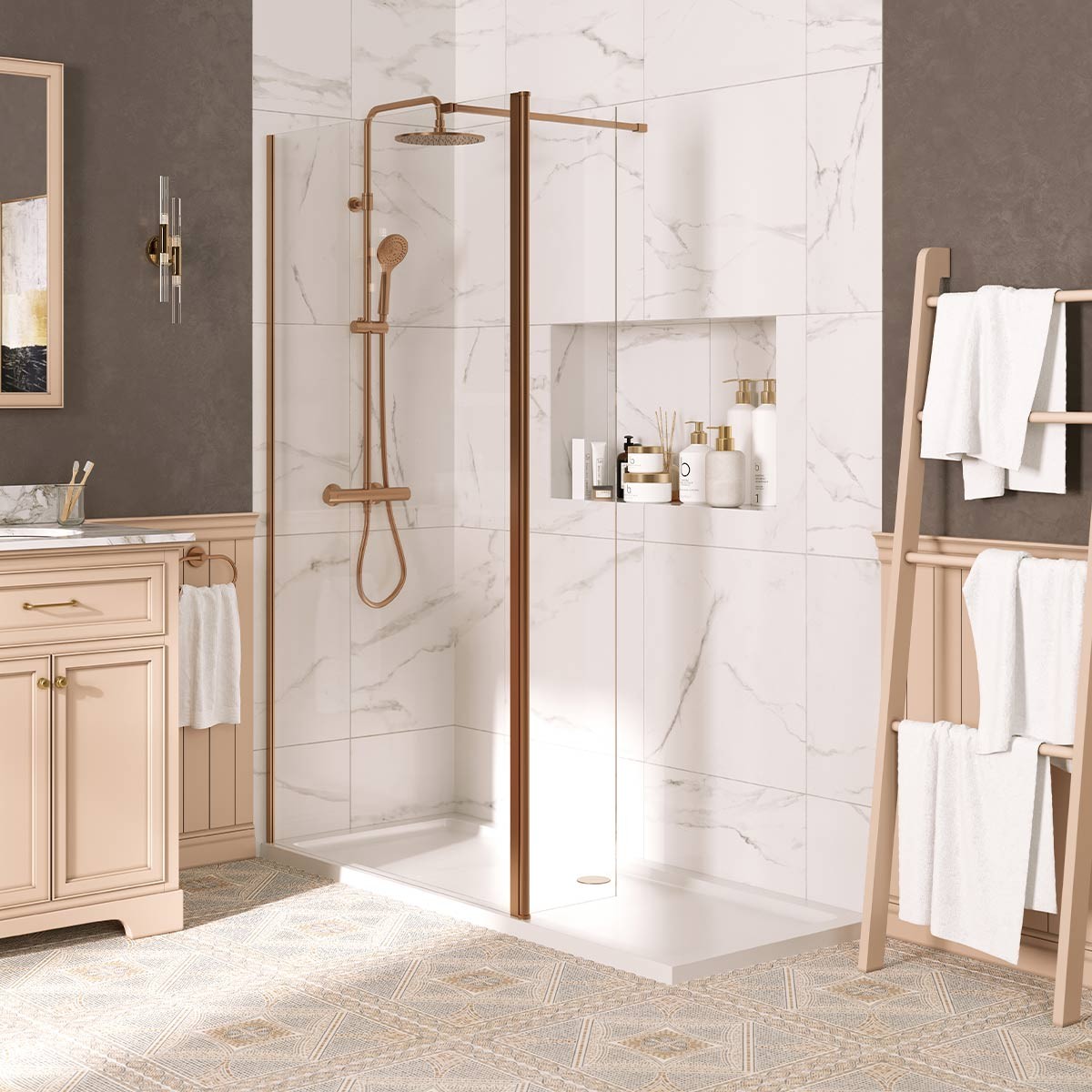 Sapphire 8mm Clear Glass Wet Room Hinged Deflector Panel Brushed Bronze 300mm