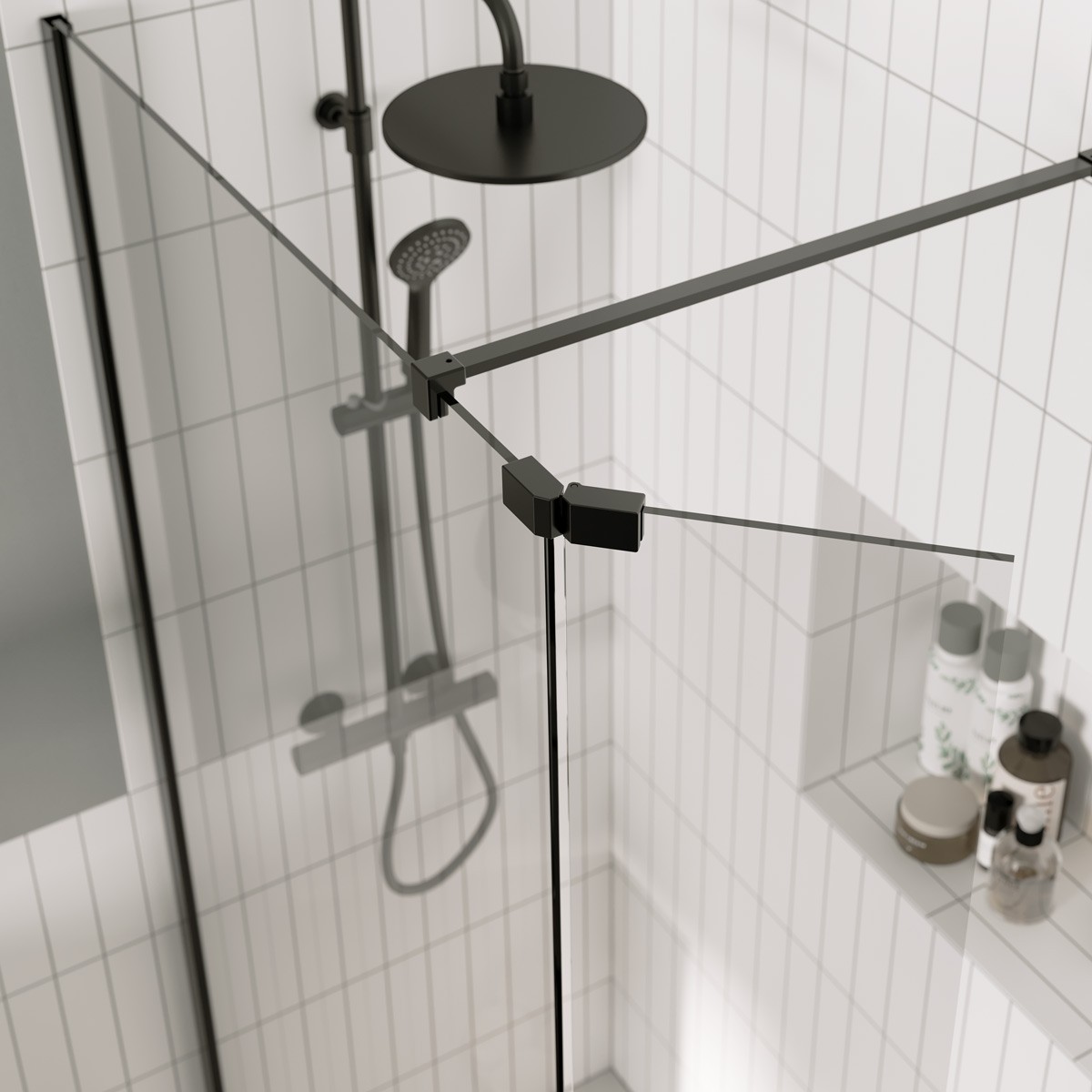 Sapphire 8mm Clear Glass Wet Room Foldaway Deflector Panel Matt Black 300mm LH