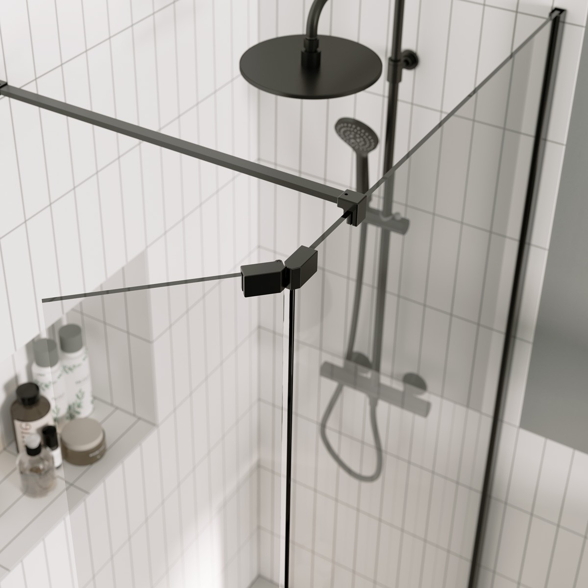 Sapphire 8mm Clear Glass Wet Room Foldaway Deflector Panel Matt Black 300mm RH