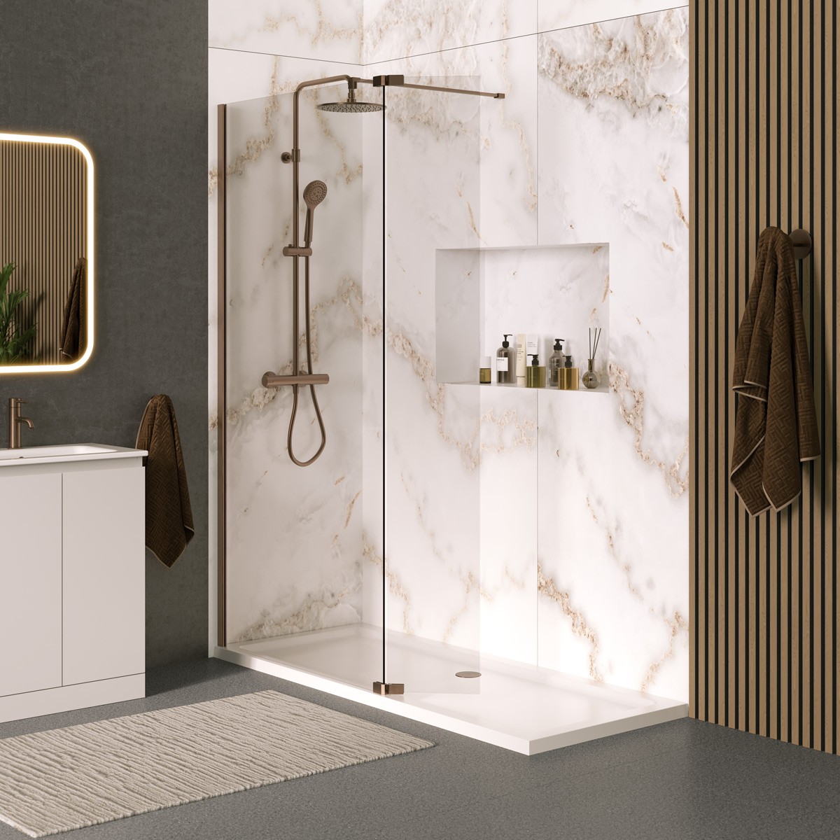 Sapphire 8mm Clear Glass Wet Room Foldaway Deflector Panel Brushed Bronze 300mm LH