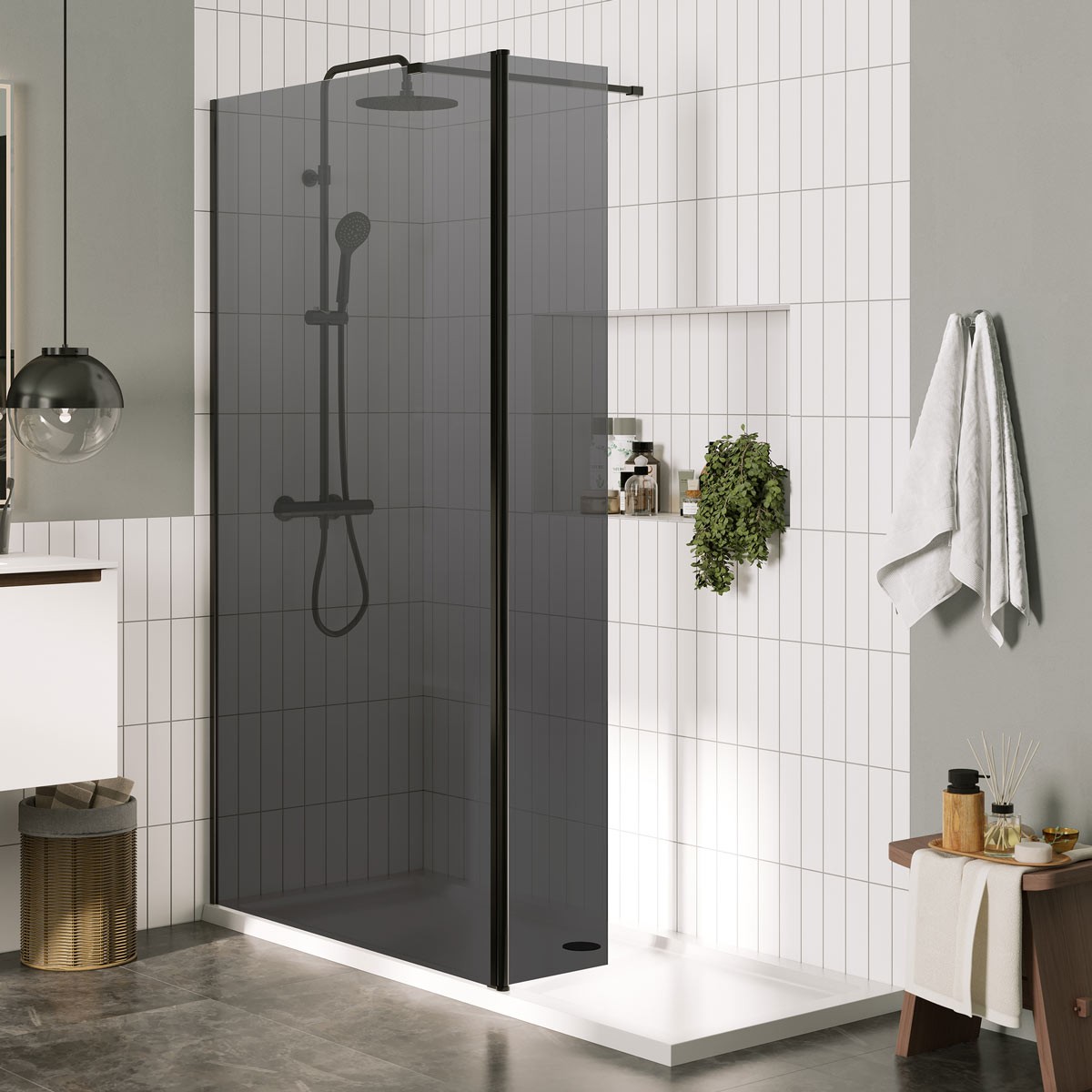 Sapphire 8mm Smoked Glass Wet Room Hinged Deflector Panel Matt Black 300mm
