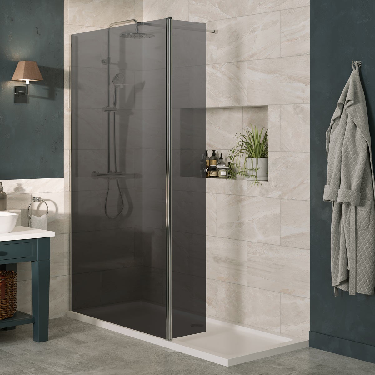 Sapphire 8mm Smoked Glass Wet Room Hinged Deflector Panel Chrome 300mm