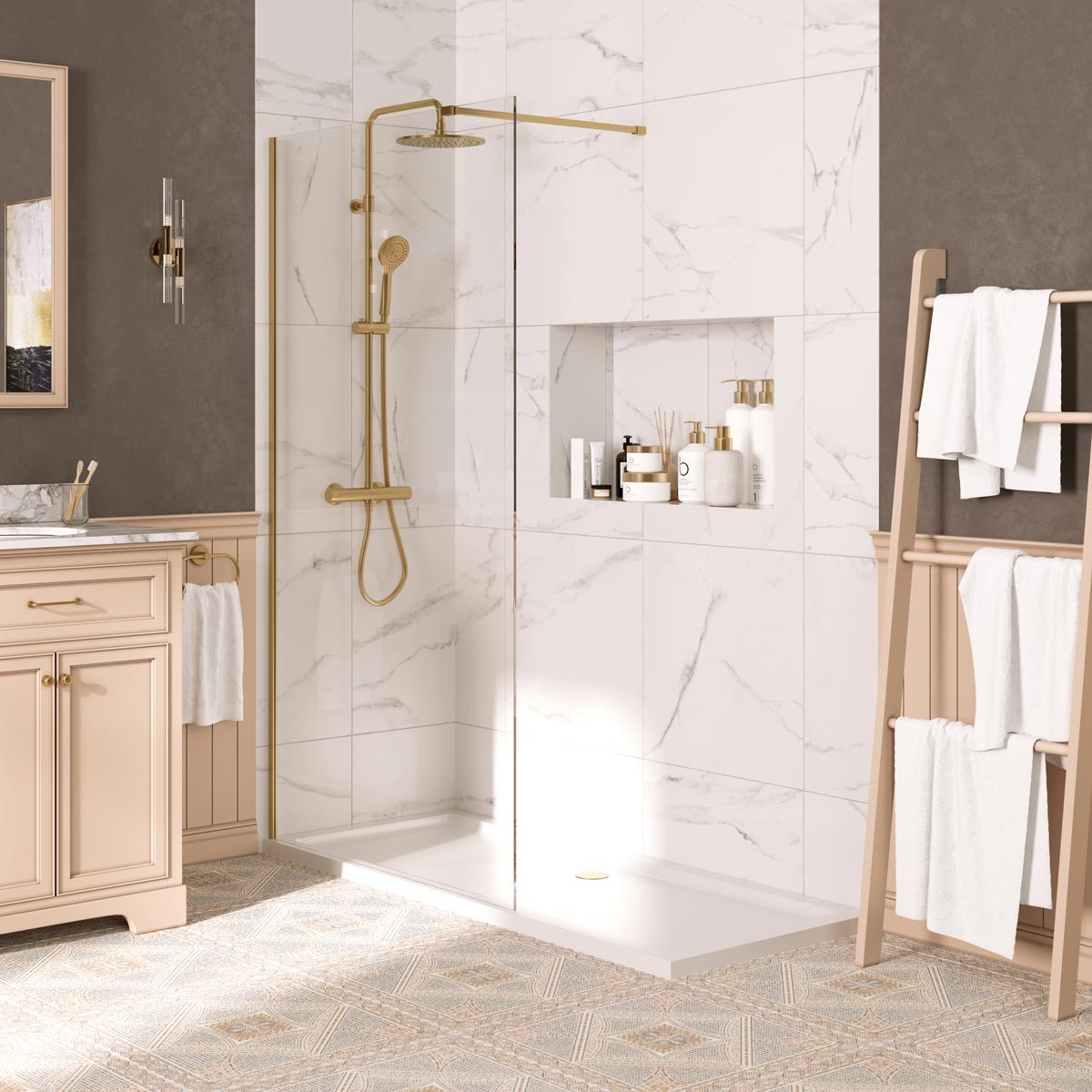 Sapphire 8mm Clear Glass Wet Room Shower Screen 760mm with Brushed Brass Profile Set