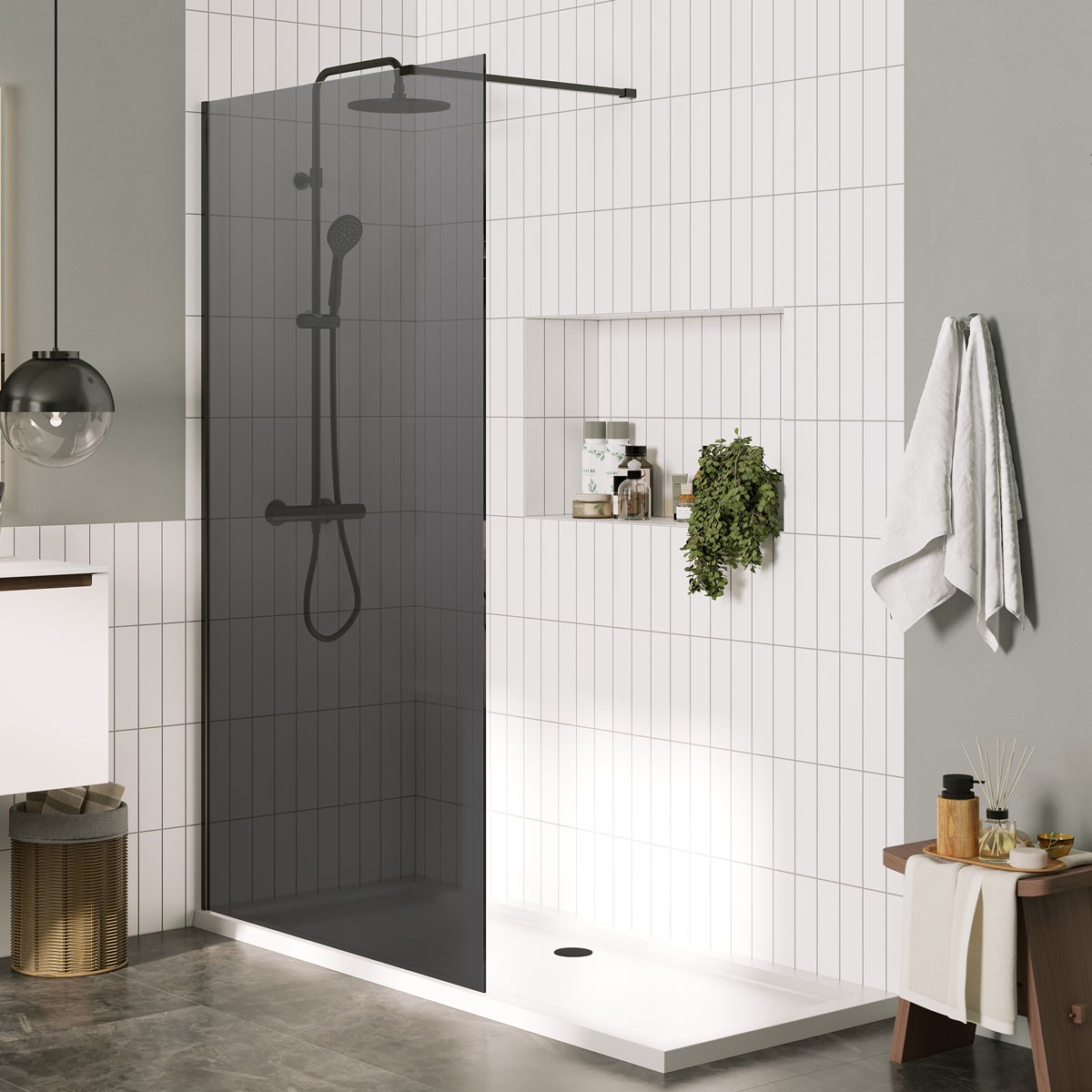 Sapphire 8mm Smoked Wet Room Glass Shower Screen 1400mm with Matt Black Profile Set
