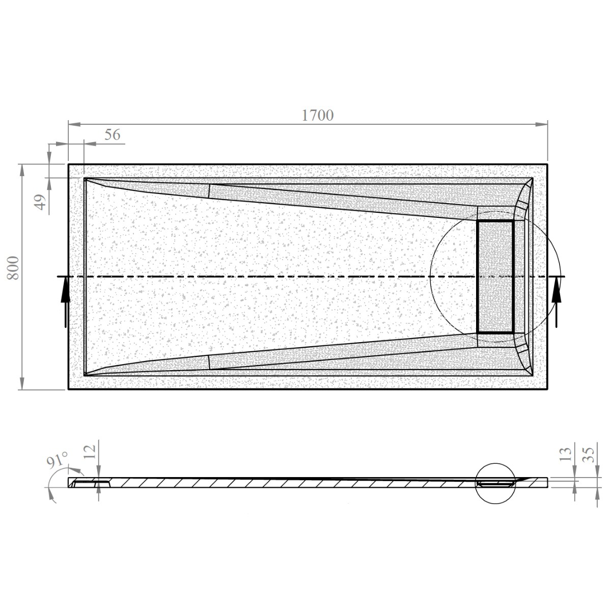 Nordic Grey Slate Effect Rectangular Stone Resin Shower Tray 1700x800mm