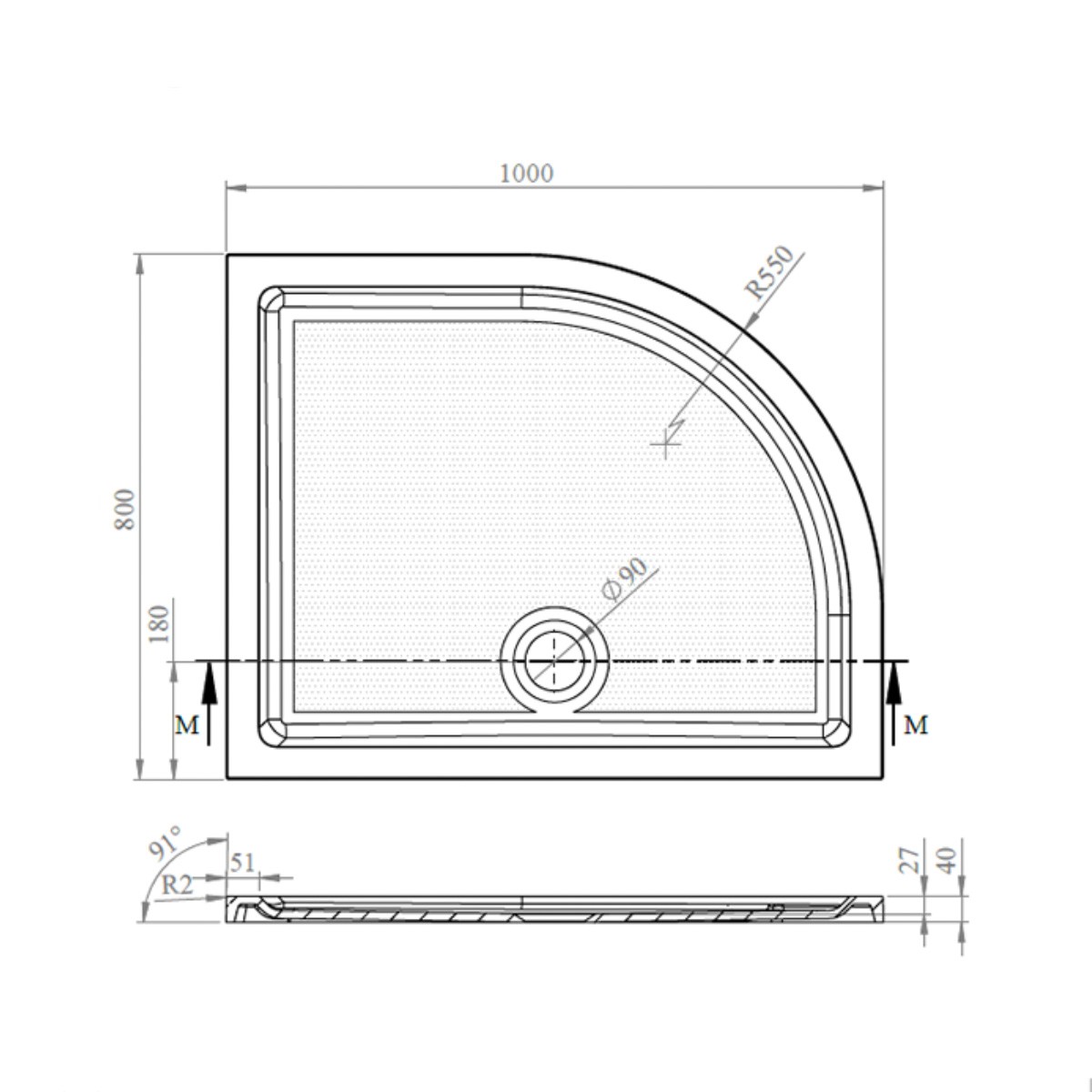 CoreStone Anti Slip Offset Quadrant Stone Resin Shower Tray 1000x800mm Left Hand