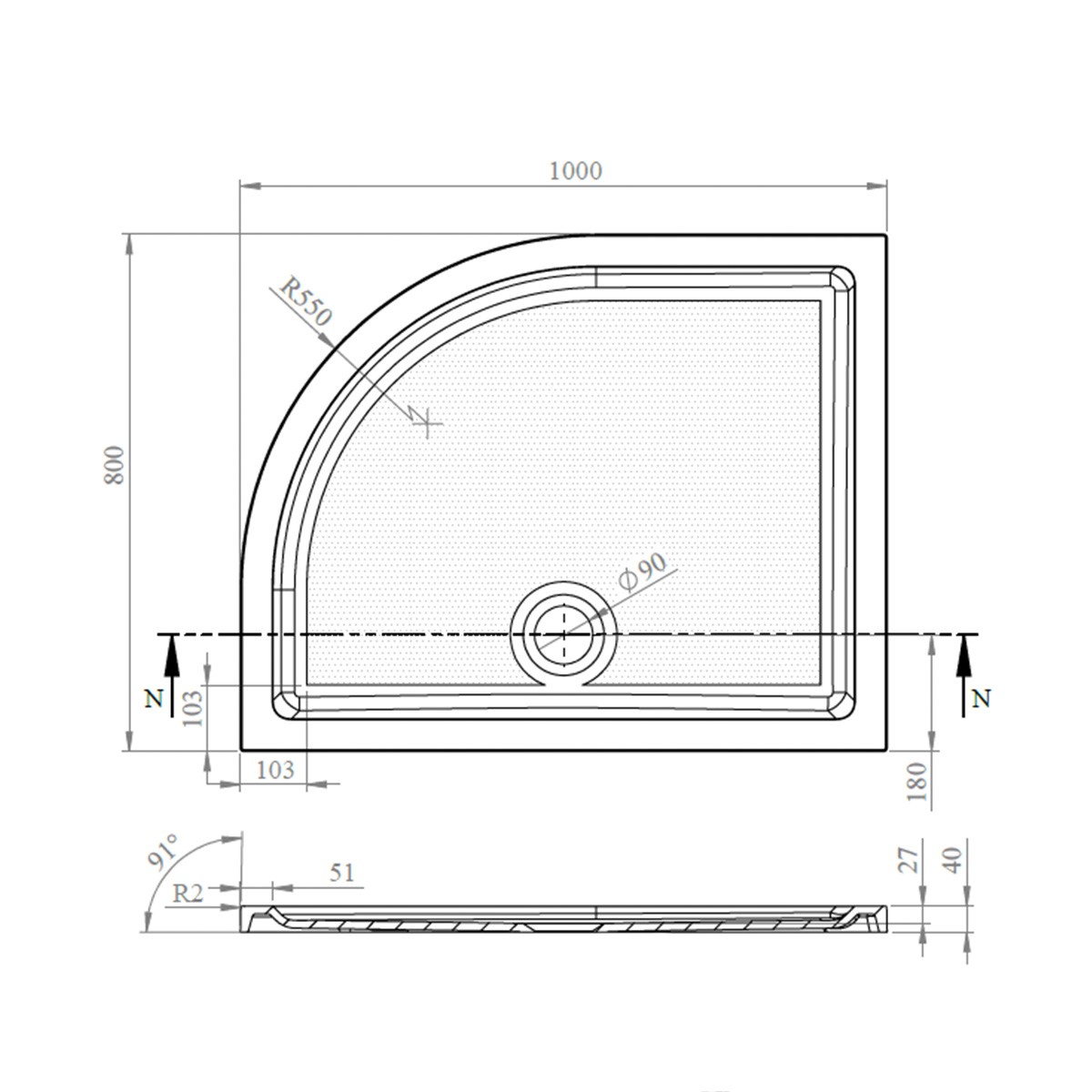 CoreStone Anti Slip Offset Quadrant Stone Resin Shower Tray 1000x800mm Right Hand
