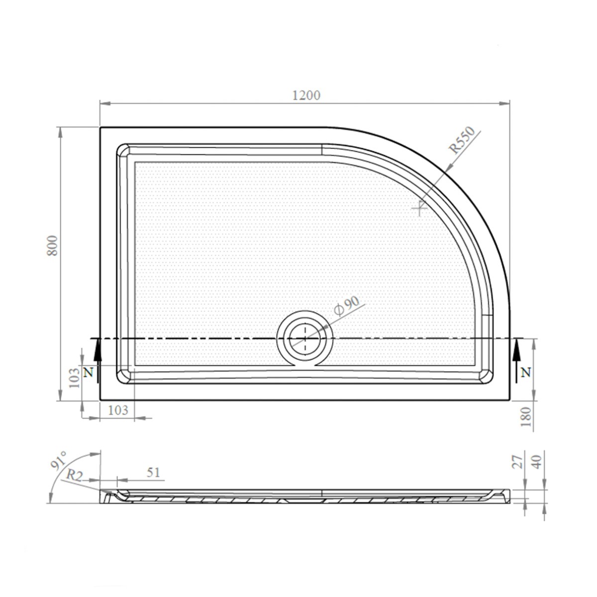 CoreStone Anti Slip Offset Quadrant Stone Resin Shower Tray 1200x800mm Left Hand