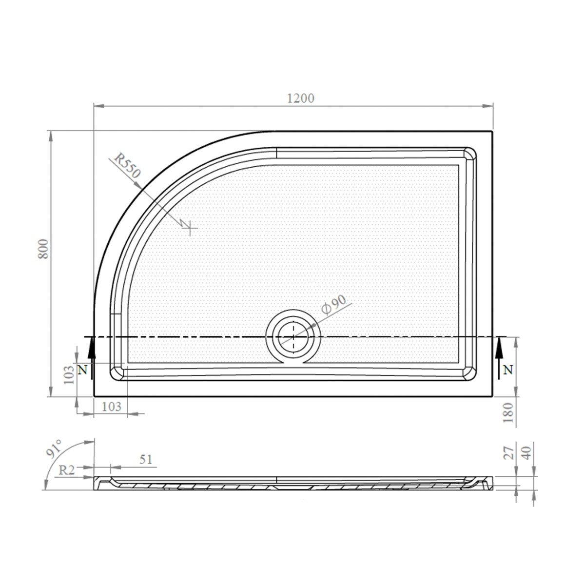 CoreStone Anti Slip Offset Quadrant Stone Resin Shower Tray 1200x800mm Rightt Hand