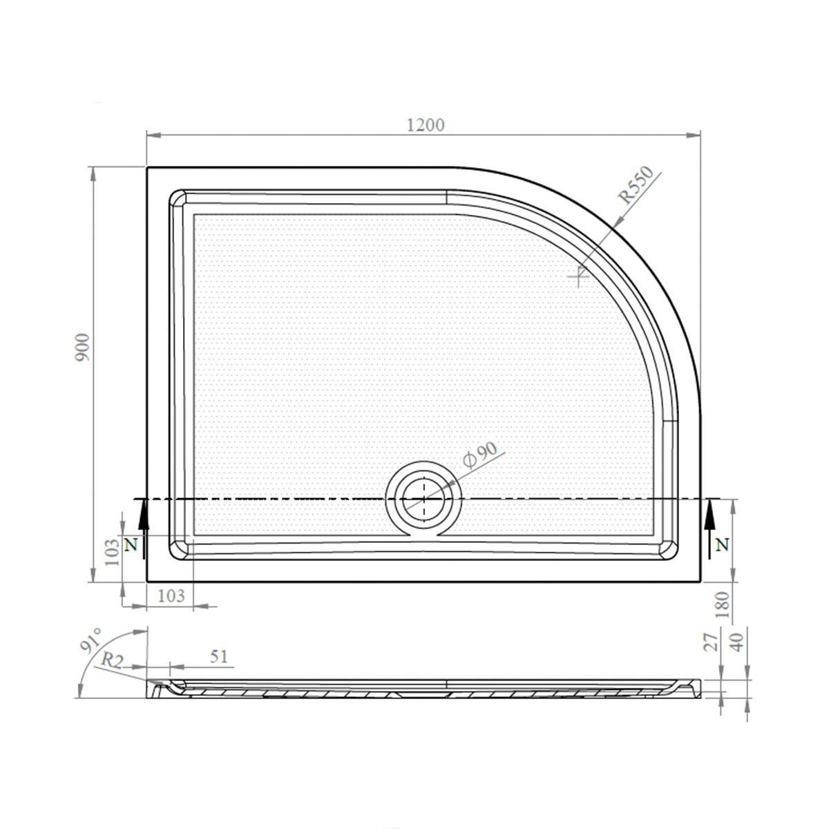 CoreStone Anti Slip Offset Quadrant Stone Resin Shower Tray 1200x900mm Left Hand