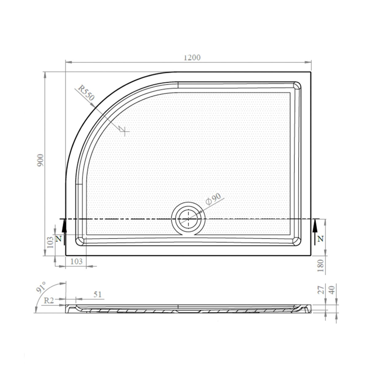CoreStone Anti Slip Offset Quadrant Stone Resin Shower Tray 1200x900mm Rightt Hand