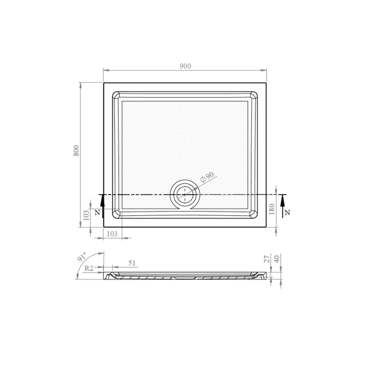 CoreStone Anti Slip Rectangular Stone Resin Shower Tray 900x800mm