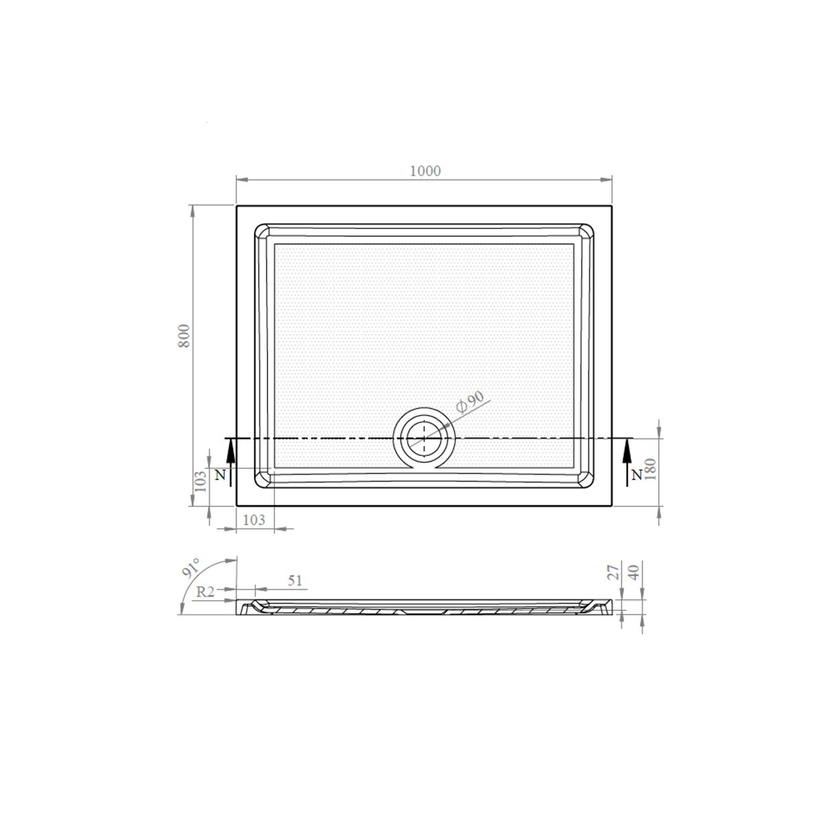 CoreStone Anti Slip Rectangular Stone Resin Shower Tray 1000x800mm