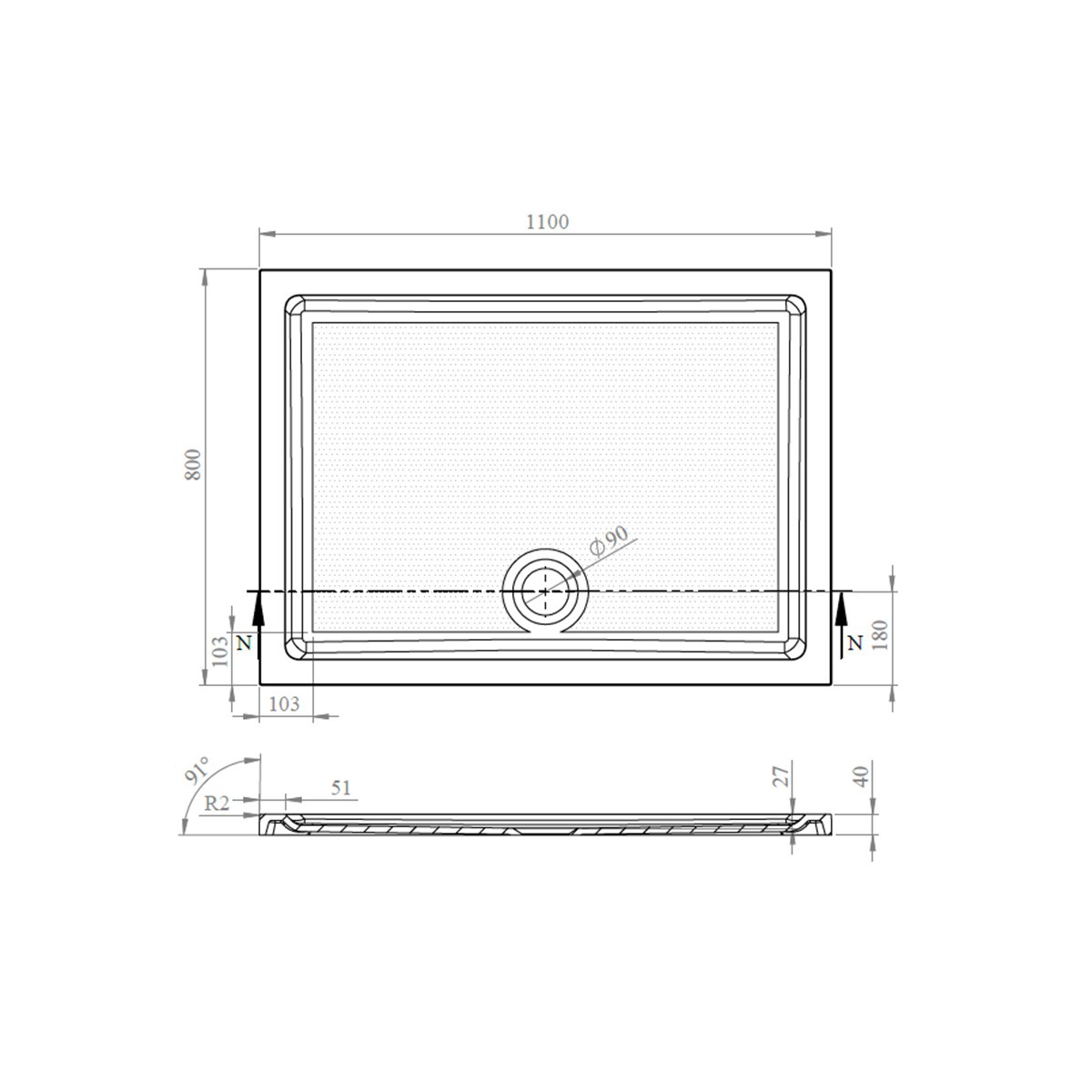 CoreStone Anti Slip Rectangular Stone Resin Shower Tray 1100x800mm