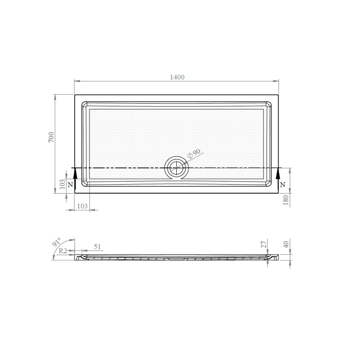 CoreStone Anti Slip Rectangular Stone Resin Shower Tray 1400x700mm