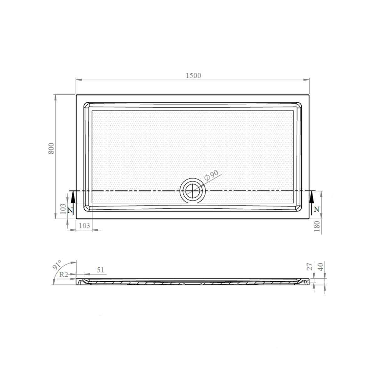 CoreStone Anti Slip Rectangular Stone Resin Shower Tray 1500x800mm