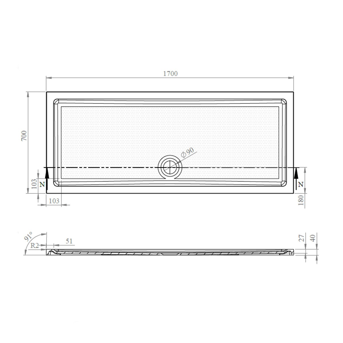 CoreStone Anti Slip Rectangular Stone Resin Shower Tray 1700x700mm