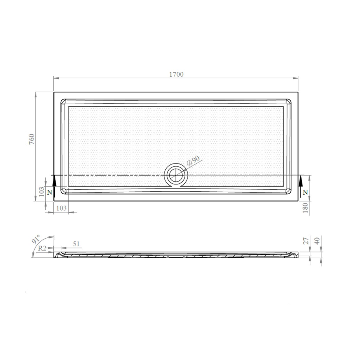 CoreStone Anti Slip Rectangular Stone Resin Shower Tray 1700x760mm