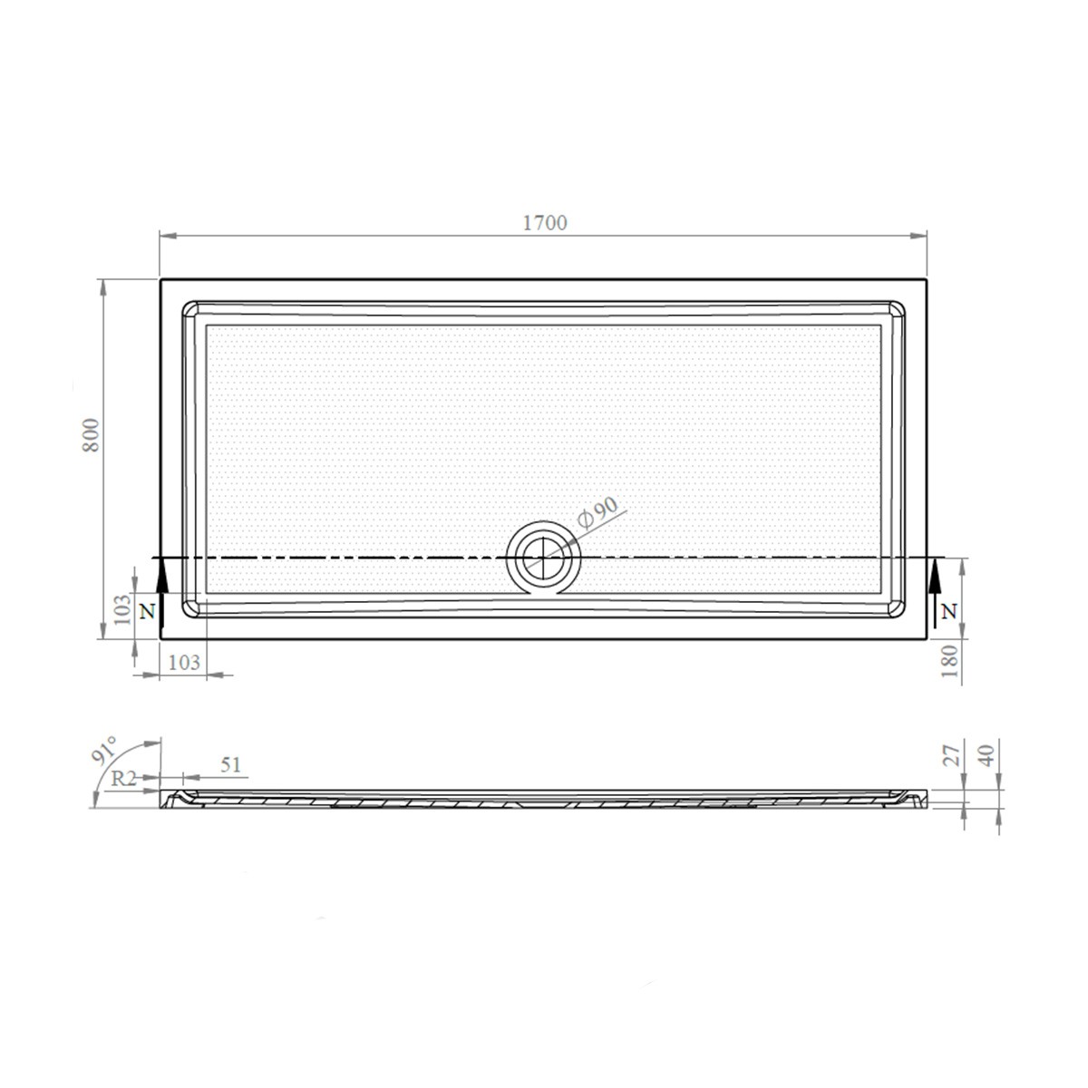 CoreStone Anti Slip Rectangular Stone Resin Shower Tray 1700x800mm