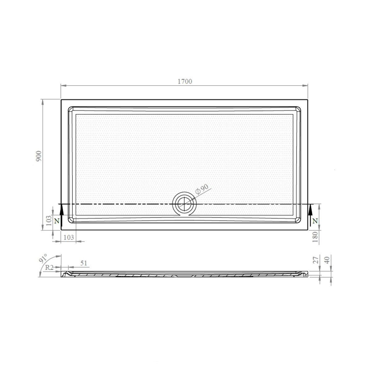 CoreStone Anti Slip Rectangular Stone Resin Shower Tray 1700x900mm