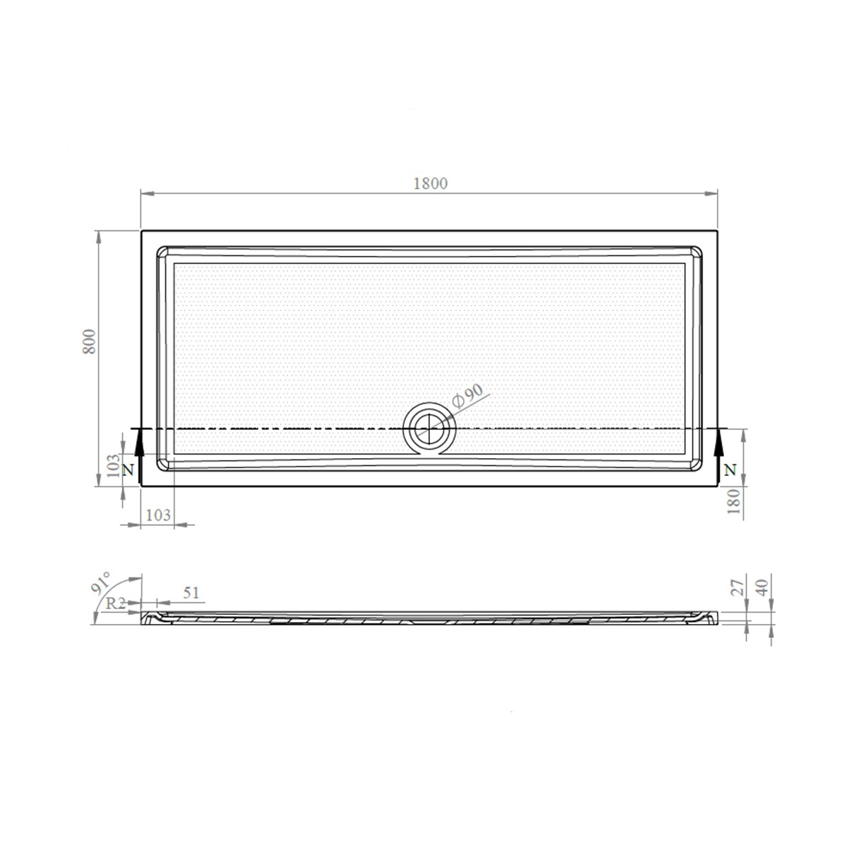 CoreStone Anti Slip Rectangular Stone Resin Shower Tray 1800x800mm