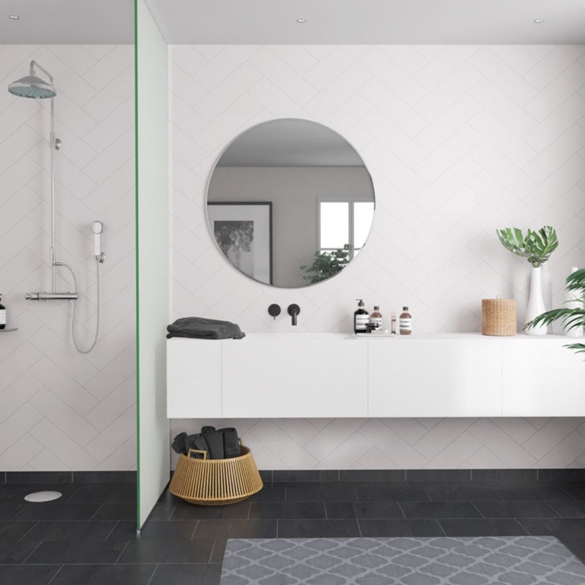 Fibo White Silk Herringbone Tile Wall Panel 2400x600mm