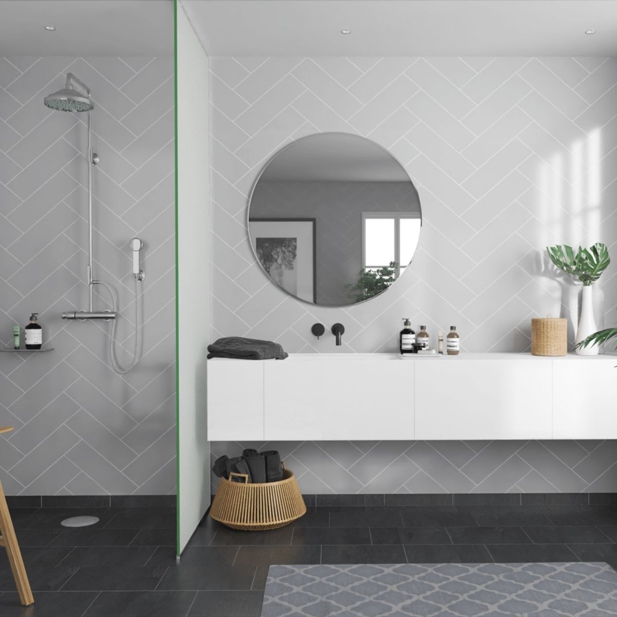 Fibo Medium Grey Herringbone Tile Wall Panel 2400x600mm
