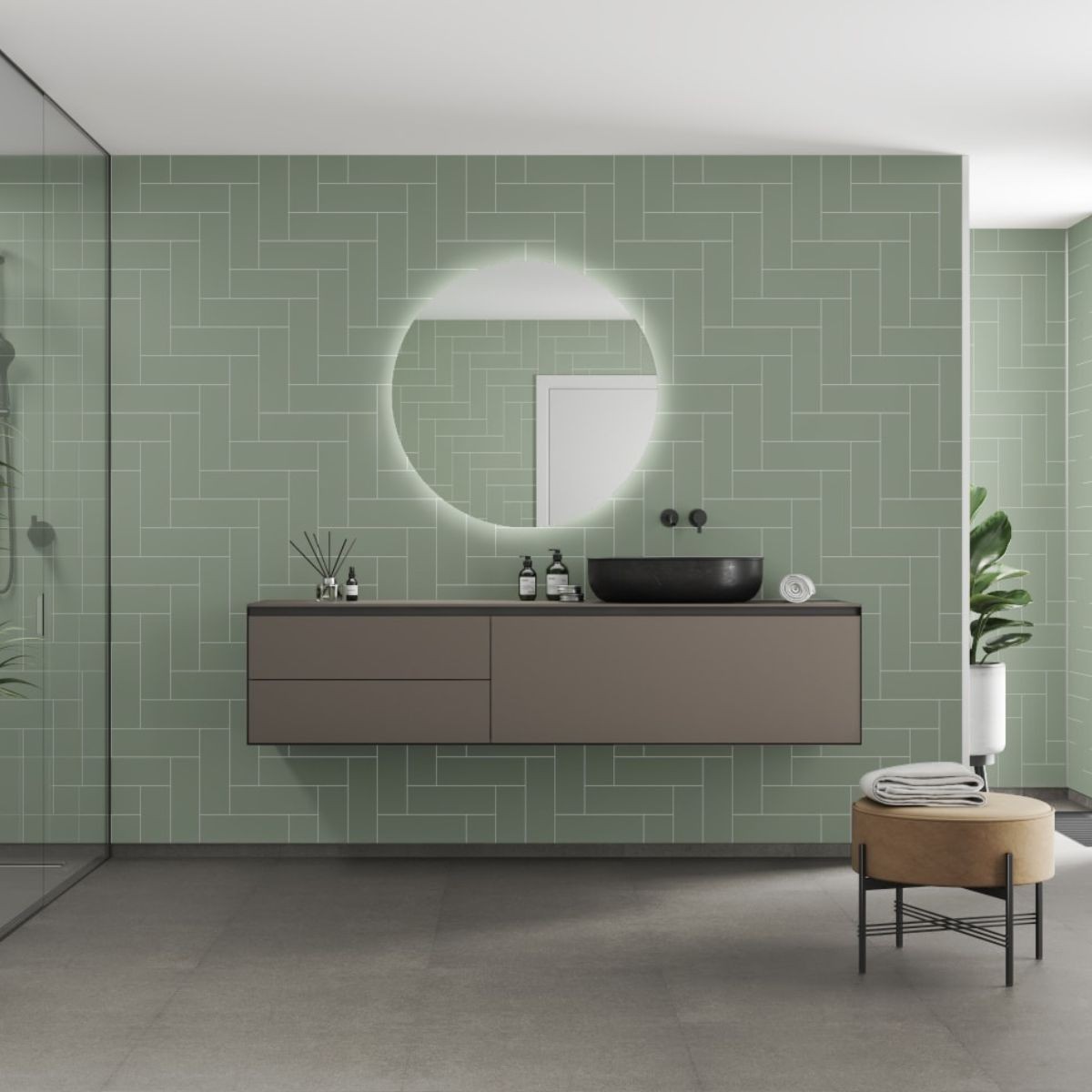 Fibo Olive Green Herringbone Tile Wall Panel 2400x600mm
