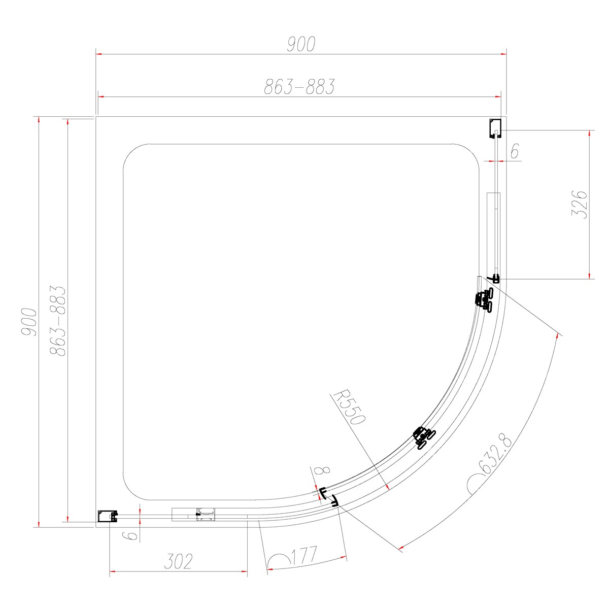 Dilusso 8mm Brushed Brass Frameless Quadrant Enclosure 900x900mm