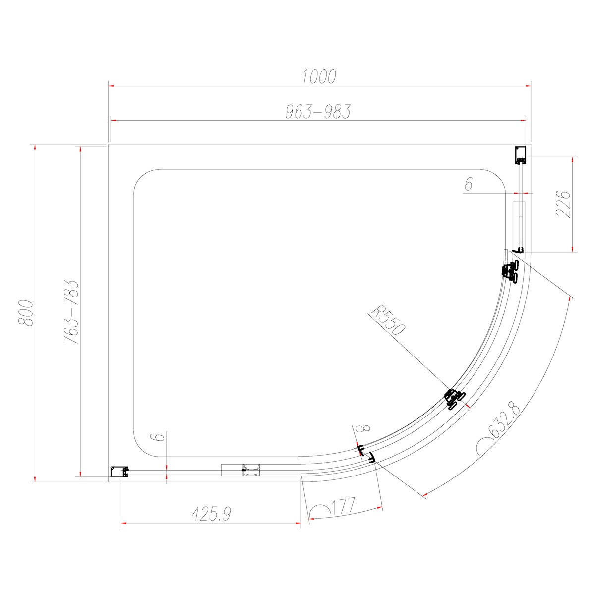 Dilusso 8mm Brushed Brass Frameless Offset Quadrant Enclosure 1000x800mm