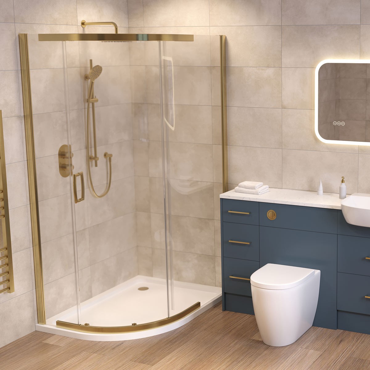 Dilusso 8mm Brushed Brass Frameless Offset Quadrant Enclosure 1200x800mm