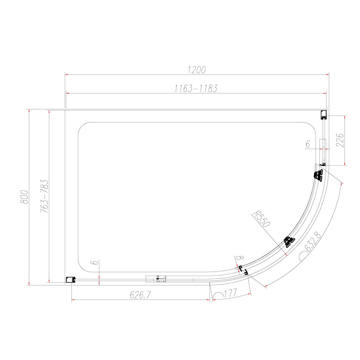 Dilusso 8mm Chrome Frameless Offset Quadrant Enclosure 1200x800mm