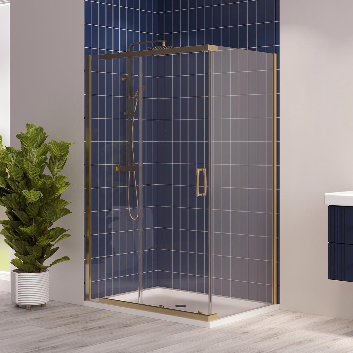 Dilusso 8mm Brushed Brass Frameless Sliding Corner Door 1300mm