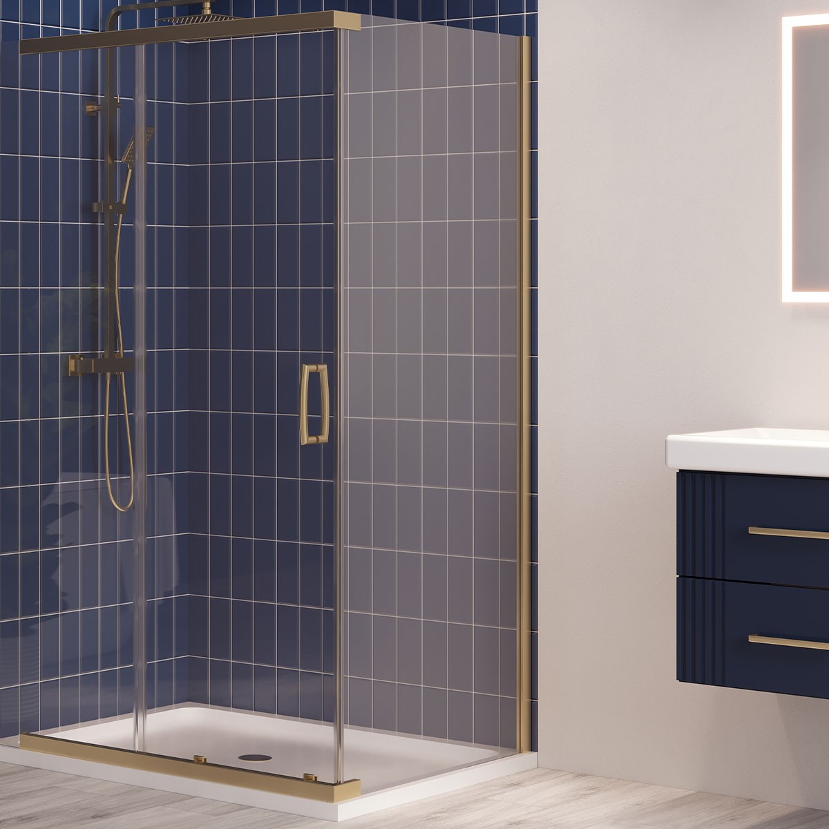Dilusso 8mm Brushed Brass Framless Side Panel for Sliding Corner Door 900mm