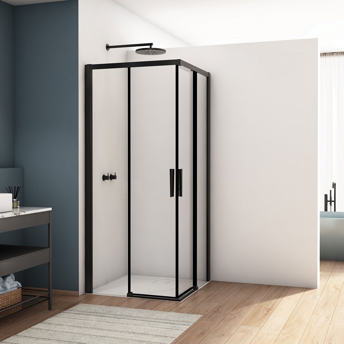 Kudos  Divera Matt Black Corner Entry Enclosure 700x700mm
