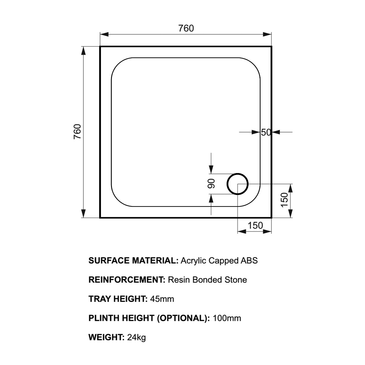 K-Stone Anti Slip Square Stone Resin Shower Tray 760x760mm