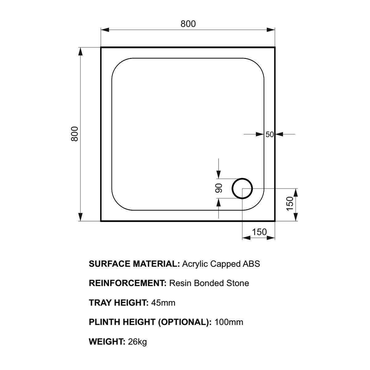 K-Stone Square Stone Resin Shower Tray 800x800mm
