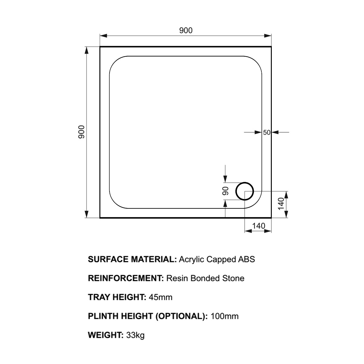 K-Stone Square Stone Resin Shower Tray 900x900mm