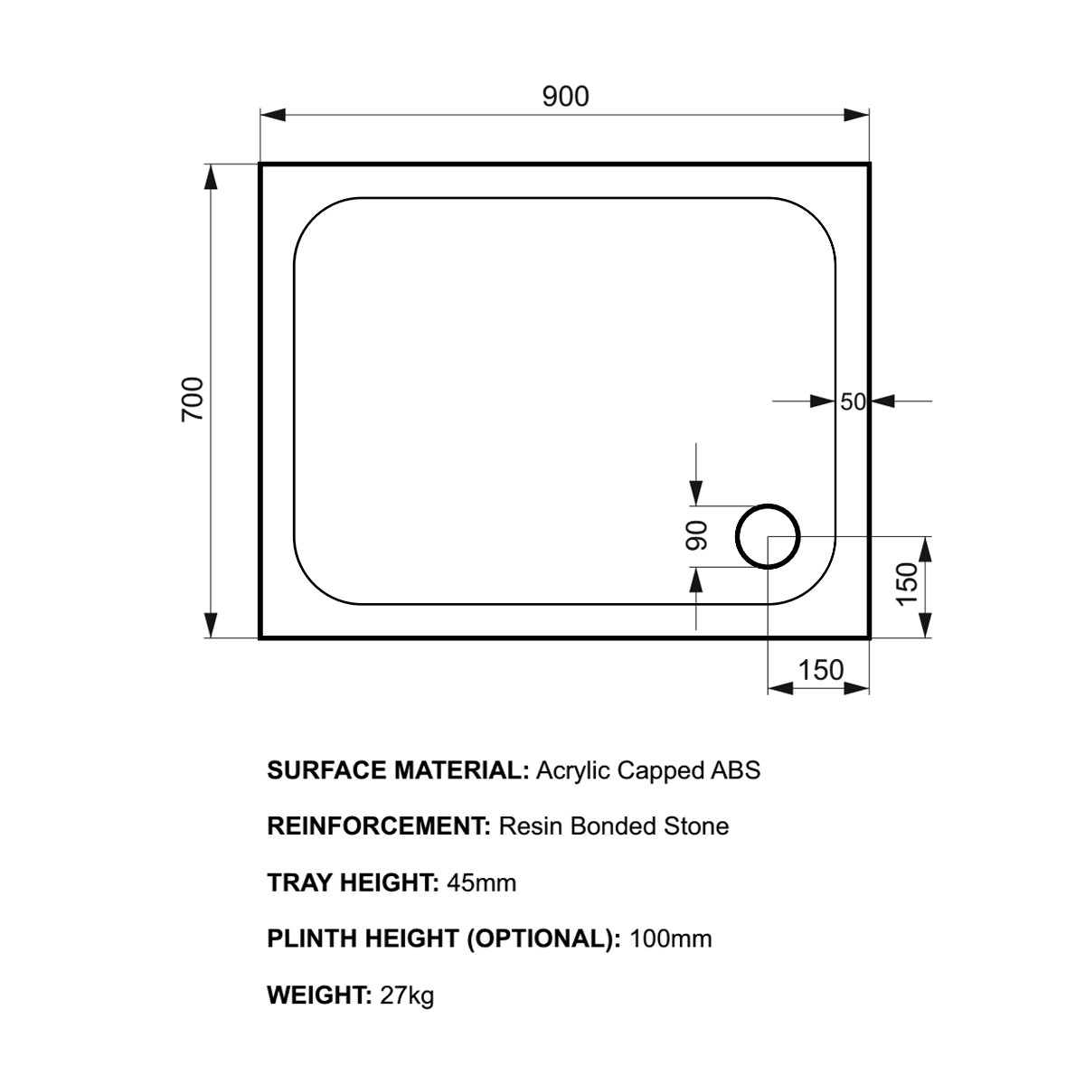 K-Stone Anti Slip Rectangular Stone Resin Shower Tray 900x700mm