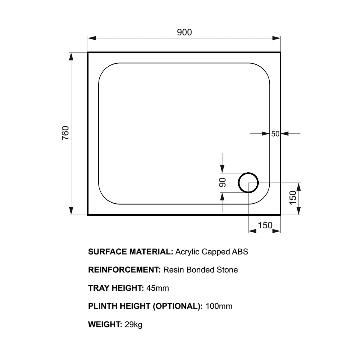 K-Stone Rectangular Stone Resin Shower Tray 900x760mm
