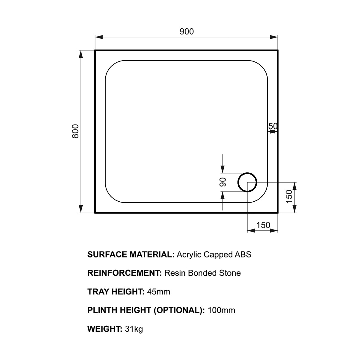 K-Stone Anti Slip Rectangular Stone Resin Shower Tray 900x800mm