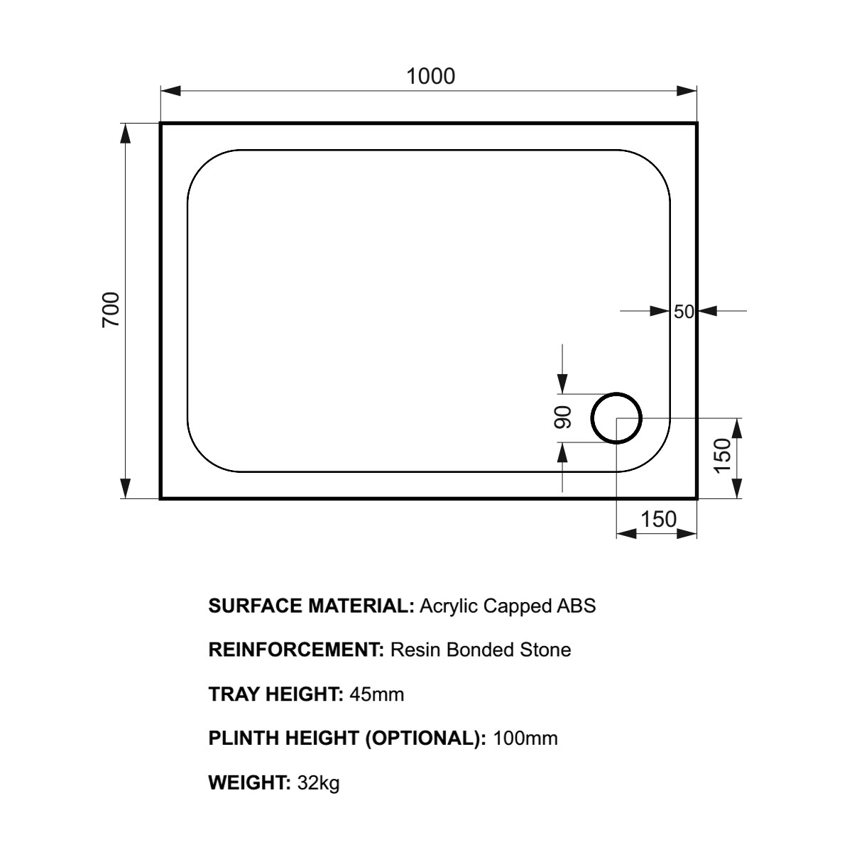 K-Stone Rectangular Stone Resin Shower Tray 1000x700mm