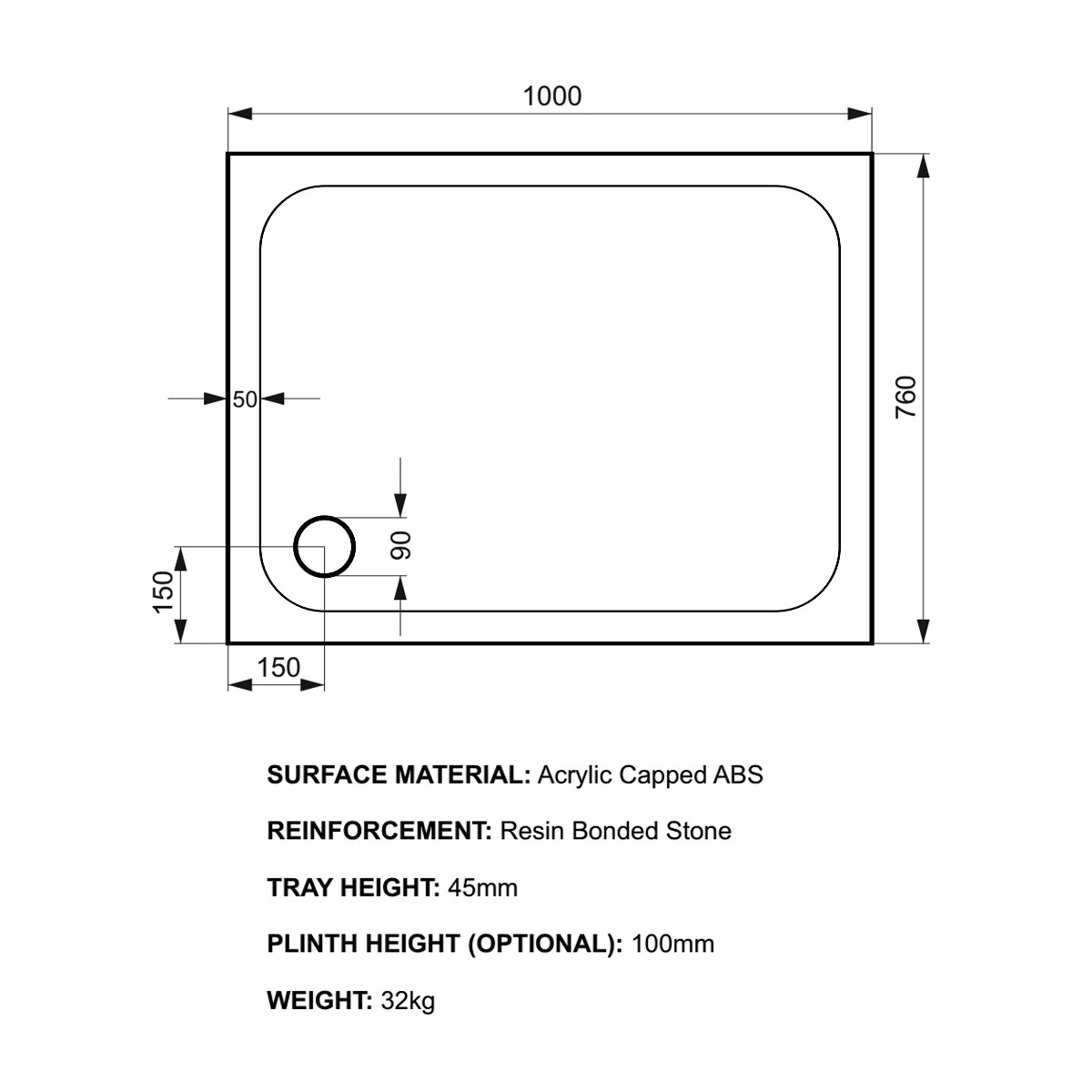 K-Stone Anti Slip Rectangular Stone Resin Shower Tray 1000x760mm