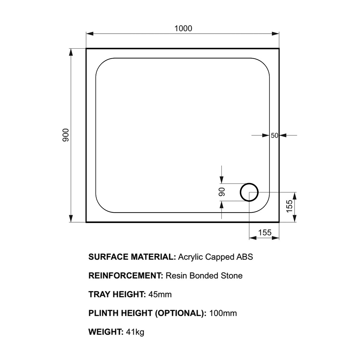 K-Stone Anti Slip Rectangular Stone Resin Shower Tray 1000x900mm