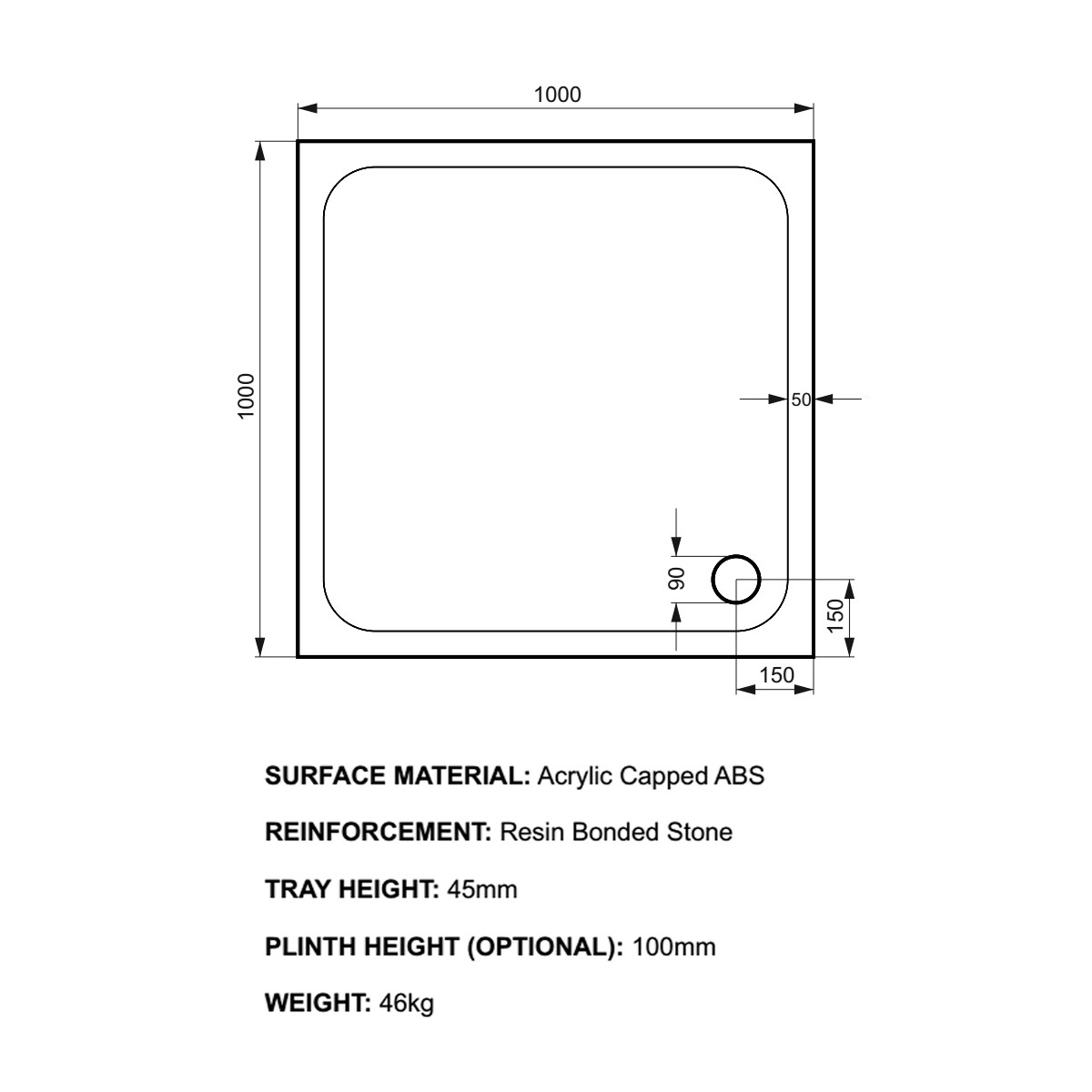 K-Stone Anti Slip Square Stone Resin Shower Tray 1000x1000mm