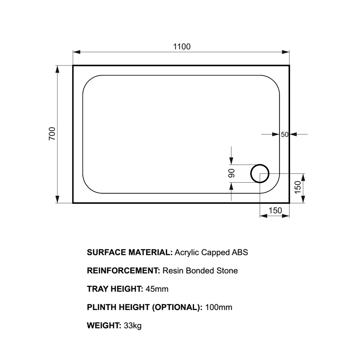 K-Stone Rectangular Stone Resin Shower Tray 1100x700mm