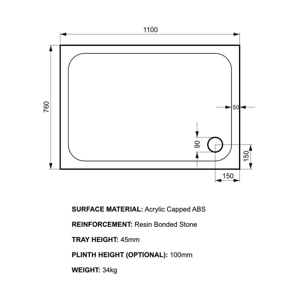 K-Stone Rectangular Stone Resin Shower Tray 1100x760mm